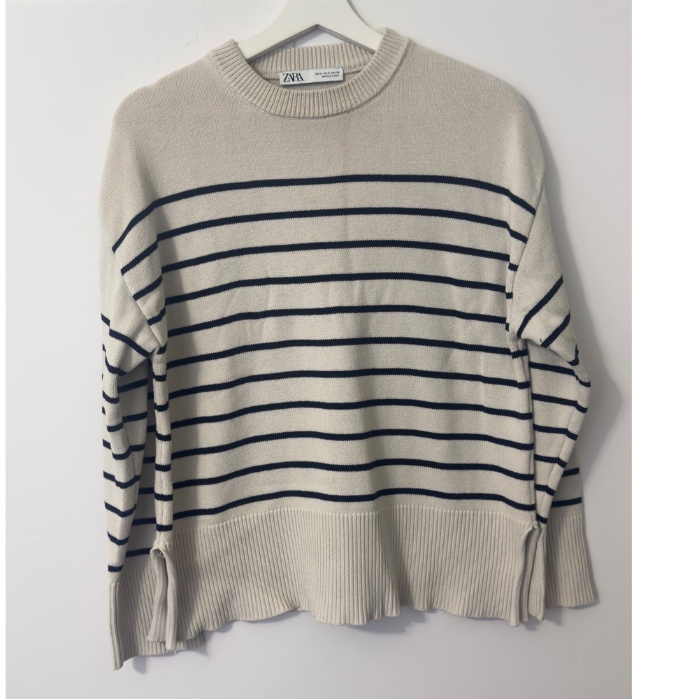 Zara Striped Knit Sweater Womens S Cream Navy Blue Side Slits Nautical Prep Chic
